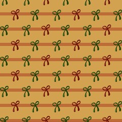 Seamless holiday pattern with decorative bows in green and red on a yellow background, great for Christmas gift wrapping, festive packaging, holiday textiles, and cheerful seasonal projects.