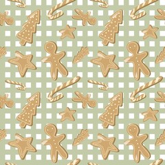 Seamless Christmas pattern with gingerbread cookies shaped like stars, candy canes, Christmas trees, and gingerbread men on a festive green background for holiday textiles and wrapping paper.