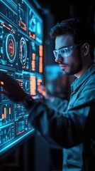 Tech professional analyzes data on futuristic touchscreen display in a modern workspace at night