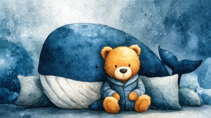 Cozy teddy bear in pajamas relaxes with a big blue whale among soft pillows in a dreamy underwater scene