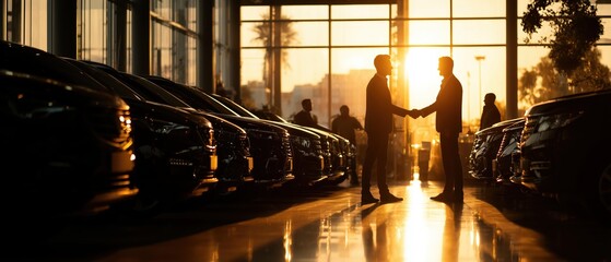 Two men shake hands in a car dealership at sunset, silhouetted against the warm glow of the setting sun through large windows.