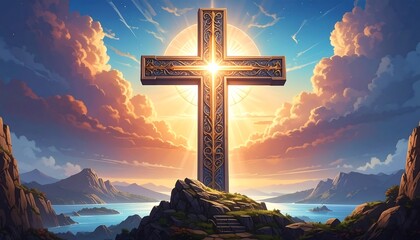A large, ornate cross glows brightly against a dramatic sky with sun rays. Mountains and a serene ocean surround the scene