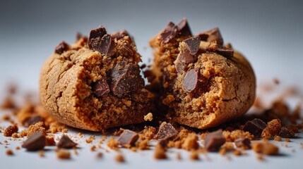 Warm chocolate chip cookie split in half revealing gooey chocolate pieces and crumbs scattered on a light surface