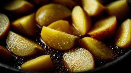 Sweetened apple slices simmering in rich caramel sauce on a stovetop in a warm kitchen setting