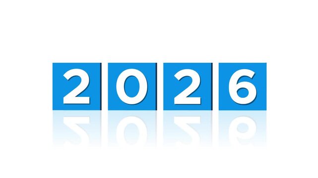 3D Block OR CUBE 2026 Year Transition animation 3d cube flipping from 2025 to 2026 animation Flipboard Countdown Style Happy New Year 2026 animation on white background