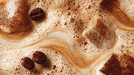 Rich iced coffee with frothy texture and coffee beans on a warm summer day