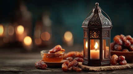 Warm glow of lanterns with dates and honey on a wooden table during a cozy evening gathering