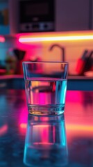 Colorful reflections in a glass of water on a kitchen counter with vibrant lighting at night