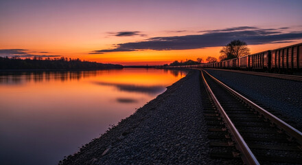 Fototapeta premium Stunning train tracks follow a serene river reflecting vibrant sunset hues, evoking travel and tranquility.