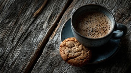 Warm coffee and fresh cookie on rustic wooden table in cozy setting during morning hours