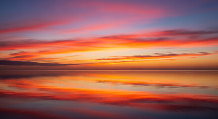 Obraz premium Vibrant sunset paints the sky with fiery orange and pink hues reflecting on a calm, glassy ocean surface creating a breathtaking serene seascape