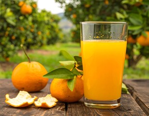 Glass of orange juice in orchard setting