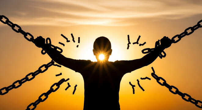 Powerful silhouette of a person breaking free from chains against a vibrant sunset, symbolizing liberation and new beginnings