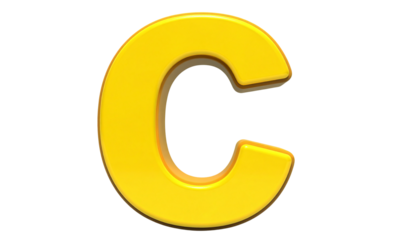 3D Glossy yellow Capital Letter C with Reflective Shine, Transparent Background