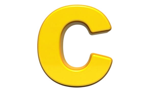3D Glossy yellow Capital Letter C with Reflective Shine, Transparent Background