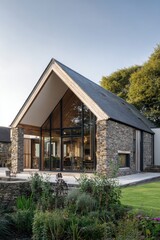 Obraz premium A contemporary stone house features expansive windows, beautifully framed by lush greenery, all set within a tranquil environment illuminated by the soft glow of early morning light