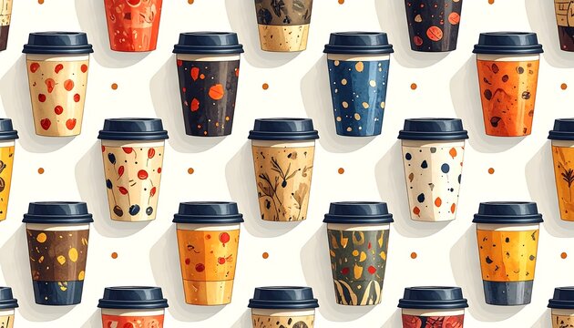 A patterned arrangement of diverse coffee cups, each adorned with unique colors and designs, against a neutral backdrop with subtle, scattered elements