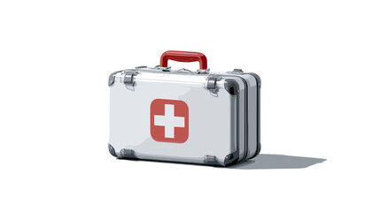 A white medical kit with a red handle and a large red cross on the front, casting a shadow on the white background, signifying healthcare.
