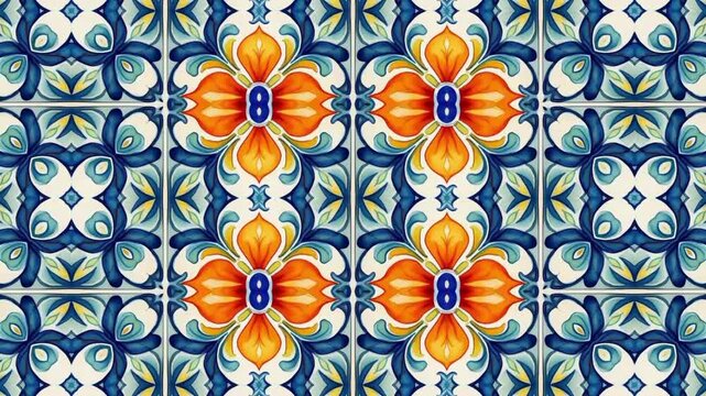 4K Mediterranean Floral Tile Loop | Orange Flower and Blue Ornamental Animation