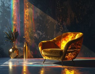 A minimalist interior with a comfortable armchair and vertical streaks of colored light on the walls.