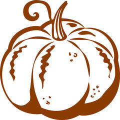 Pumpkin. Hand-drawn design element, icon, silhouette in outline, doodle. Brown on white background.