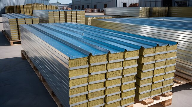 sustainable building materials, Stacked insulated metal panels on a pallet, ready for use in construction or industrial applications.