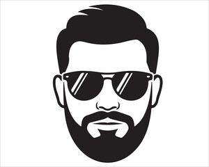 Male face silhouette with full beard and sunglasses vector illustration, stylish hipster portrait design template for fashion, identity, logo, barber shop, grooming, masculinity, modern trends, and li