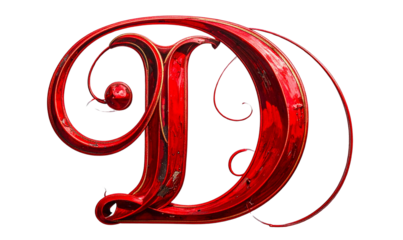 Elegant red Capital Letter D in Serif Calligraphy Style, Transparent Background