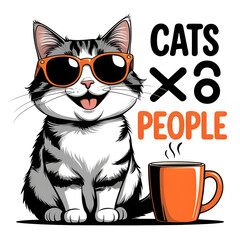 Happy Cat Illustration with Sunglasses and Coffee Mug Cartoon Design (Transparent Background)