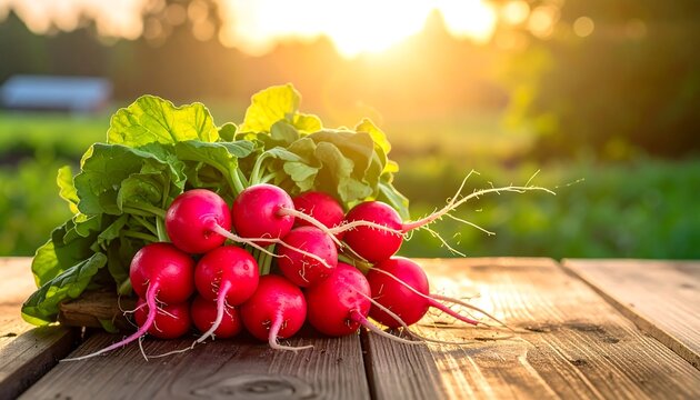 A bunch of vibrant, red root vegetables with lush green tops rests on a weathered wooden table, bathed in golden sunlight