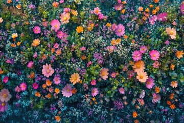 A vibrant tapestry of pink, orange, and purple flowers blooming amidst lush green and teal foliage, creating a rich natural carpet.