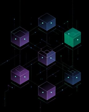 Abstract blockchain node network with connected cubes in green and purple neon colors on dark background