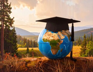 Globe with graduation cap atop, serene landscape