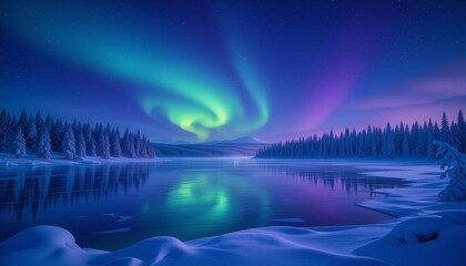 Mystical Aurora Borealis Reflecting on Frozen Lake in Winter Wonderland
