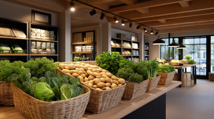 Tavern backroom with Irish owners crating potatoes and kale bog reclaimed farm fresh hearty new harvest economy organic market to table. three quarter wide angle cinematic