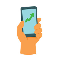 Human hand holding phone with upward arrow chart flat style illustration isolated on white background