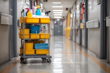 A bright, well-lit hospital or office corridor with a yellow cleaning cart full of supplies, emphasizing hygiene and facility maintenance.