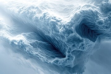 An abstract, textured landscape of tumultuous, icy blue forms, resembling colossal storm clouds or an intricate microscopic terrain with dynamic light.