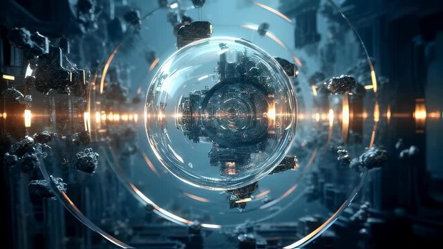 Exploding futuristic glass HUD interface with glowing orange core and shattered fragments in a dark sci-fi technology scene