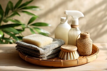 A serene still life of eco-friendly cleaning essentials, featuring natural sponges, towels, and plant-based detergents on a bamboo tray.