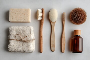 A serene flat lay of natural, eco-friendly bathroom essentials including bamboo brushes, organic soap, and a towel, promoting sustainable self-care.