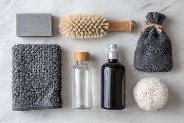 A minimalist flat lay of natural and eco-friendly bathroom essentials, including soap, brush, towels, and bottles, on a clean marble surface.