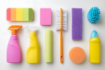 A vibrant flat lay of various colorful cleaning supplies and tools arranged neatly on a bright white background.