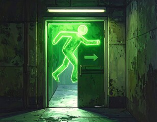 Glowing emergency exit in a dimly lit, grunge-style corridor