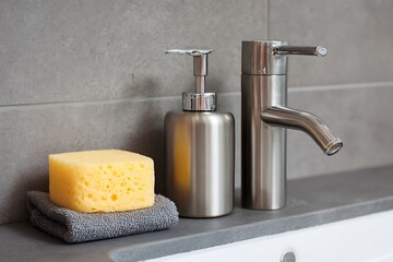 A modern bathroom setup featuring a yellow sponge, grey towel, stainless steel soap dispenser, and chrome faucet on a clean grey countertop.