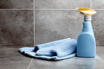 Essential cleaning supplies, a blue spray bottle and microfiber cloth, ready for household chores on grey tiled surfaces.