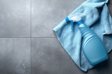 A blue spray bottle and a soft blue cleaning cloth resting on a grey tiled surface, ready for household chores.