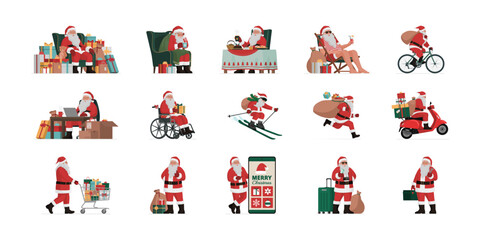 Set of funny Santa Claus characters isolated on white background