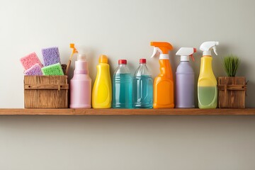 A vibrant collection of colorful cleaning supplies and sponges neatly arranged on a wooden shelf against a light background, ready for household chores.
