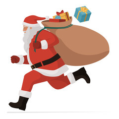 Quick Santa Claus running and carrying a sack full of Christmas gifts